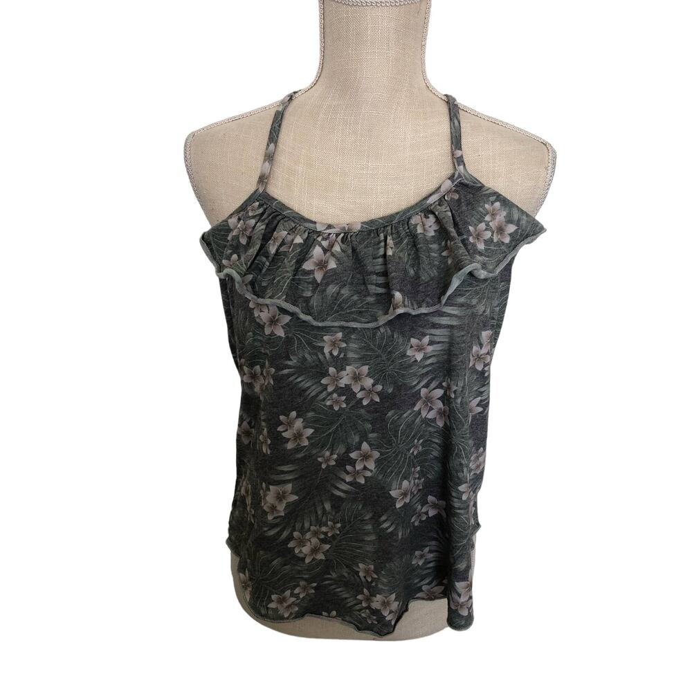 Chaser Vintage Line Criss-Cross Tropical Print Ruffle Tank - M
